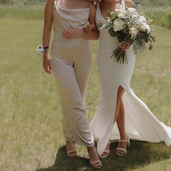 Lulus Perfect Night Champagne Satin Cowl Neck Culotte Jumpsuit - Picture 4 of 4